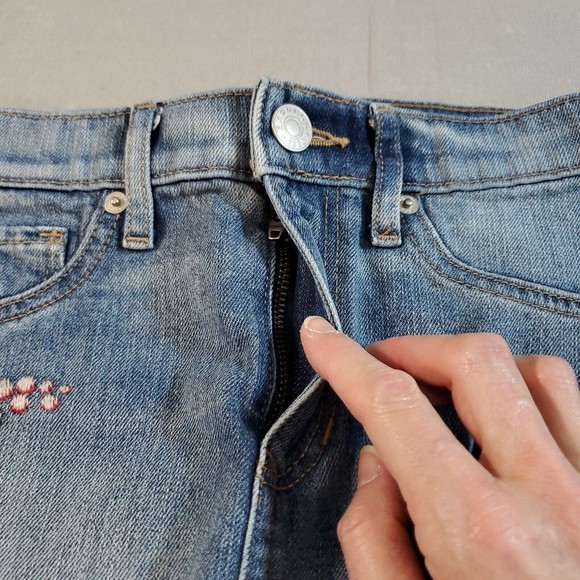 Express Mini Jean Skirt Frayed Hem Embroidered Floral Denim Super Short Size 0 - Picture 4 of 12